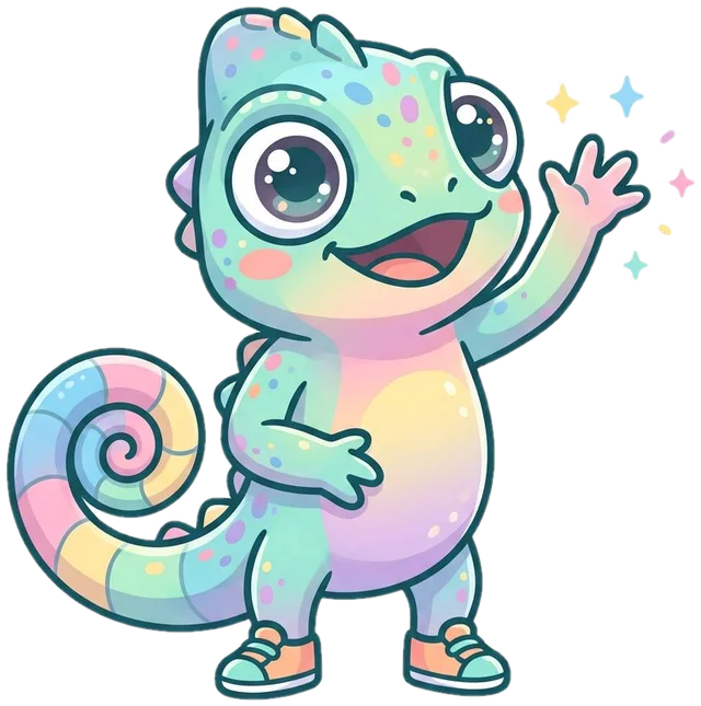 Happy rainbow chameleon waving hello