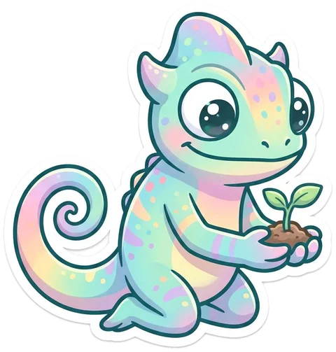 Chameleon carefully holding a growing seedling