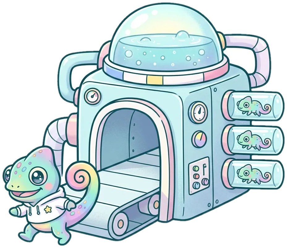 A rainbow chameleon in a white hoodie stepping out of the ActiFans persona machine, with baby chameleons growing in glass tubes