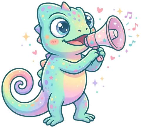 Chameleon announcing cheerfully into a pastel-pink megaphone