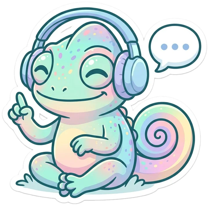Chameleon with headphones finding its voice in a conversation